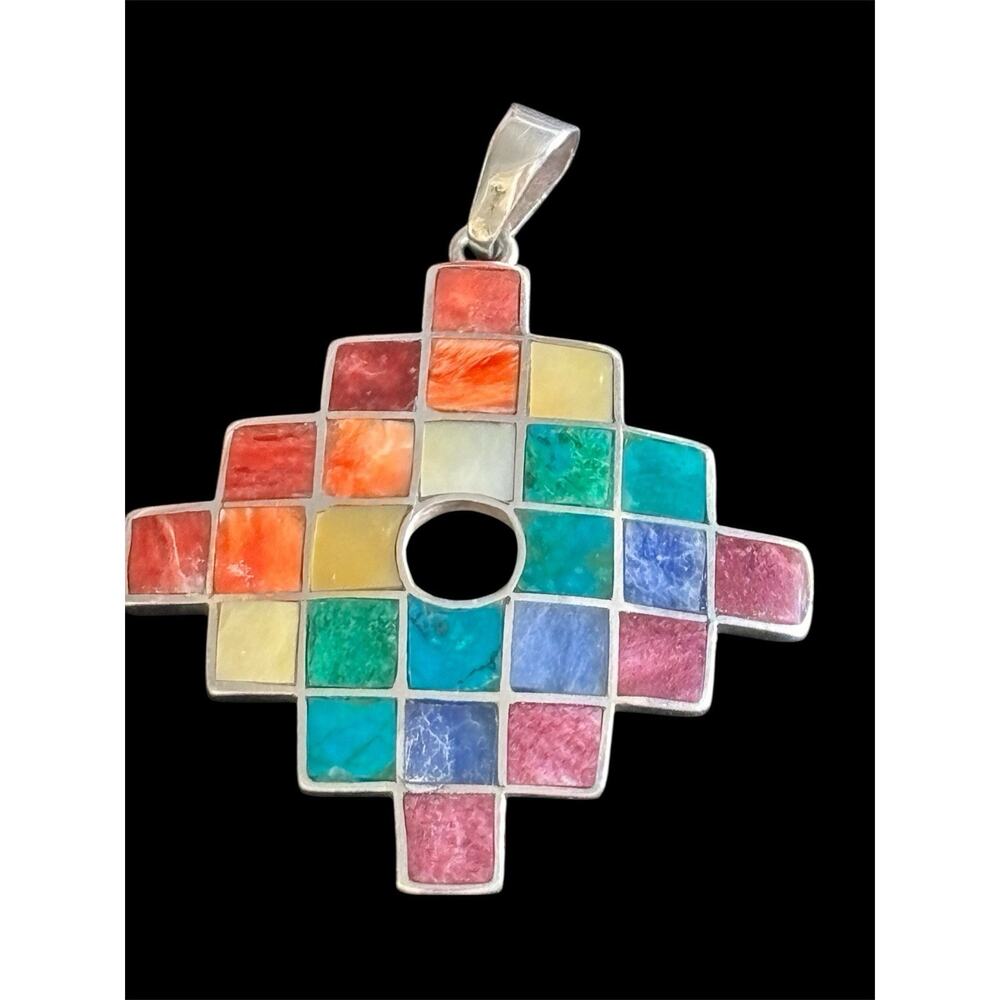 Peruvian Chakana Cross 950 Fine Silver Rainbow Stone Inlay Andean Pendant